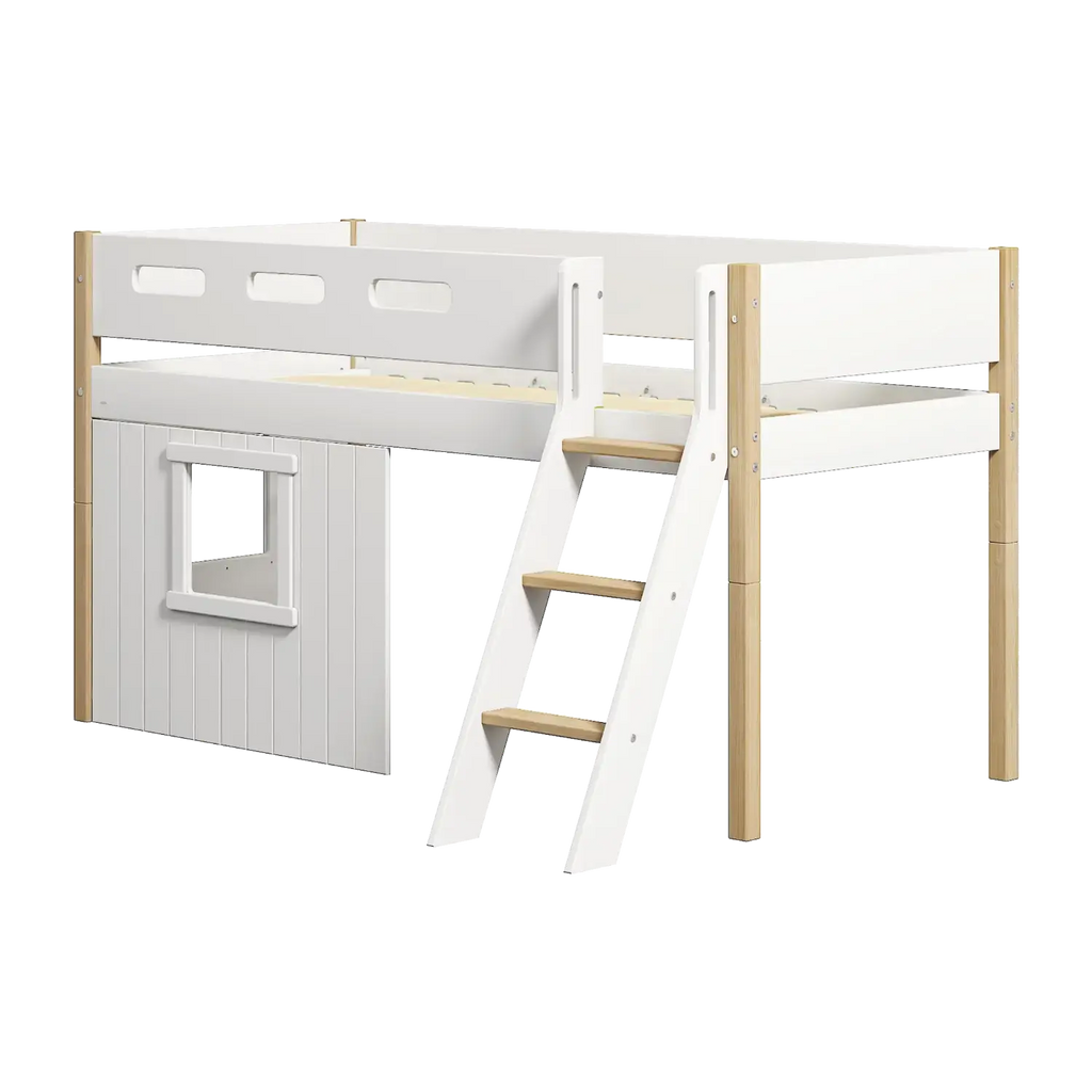 Lit mezzanine 120 cm avec cabane, échelle et barrière de sécurité, 90x200 cm, Blanc/Chêne