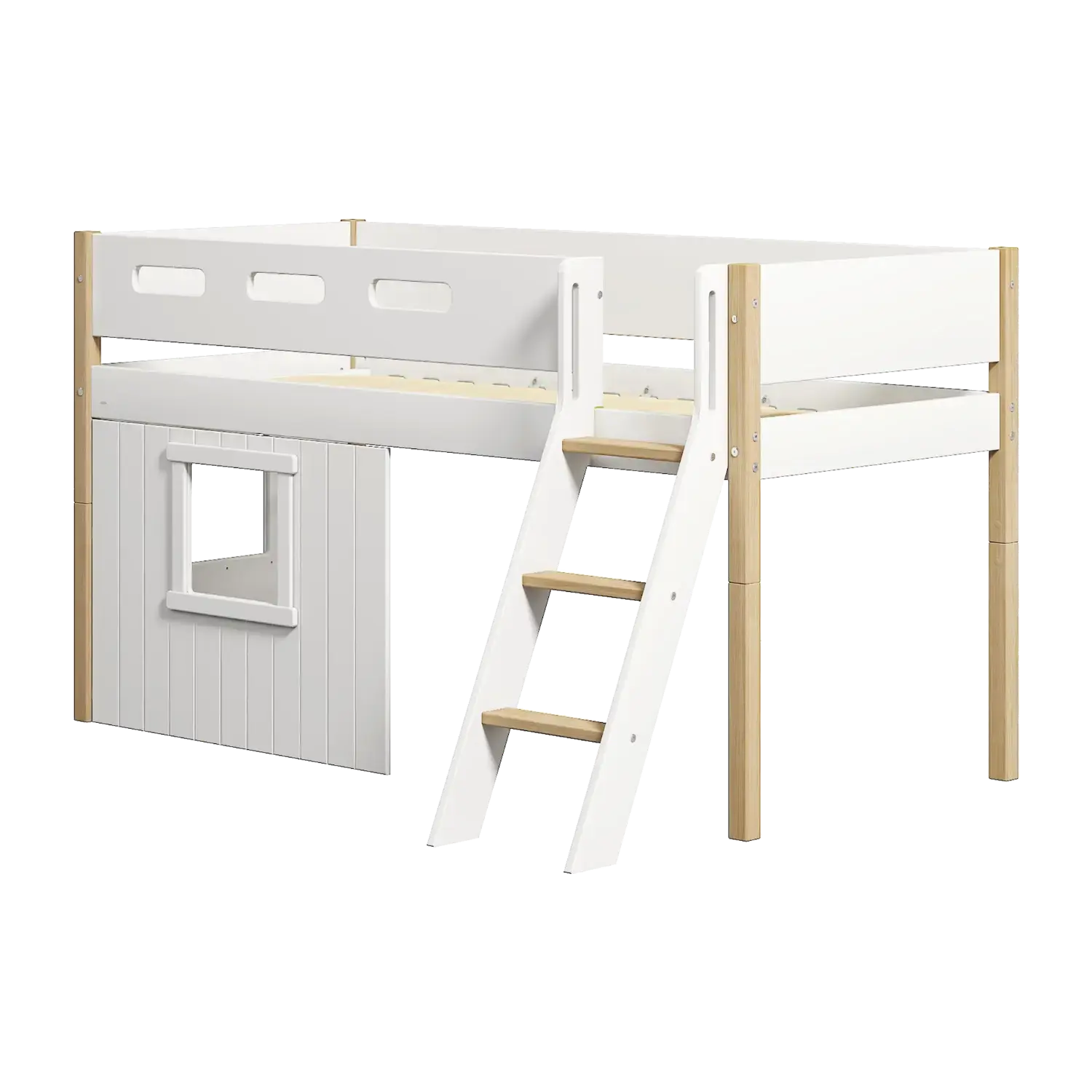 Lit mezzanine 120 cm avec cabane, échelle et barrière de sécurité, 90x200 cm, Blanc/Chêne