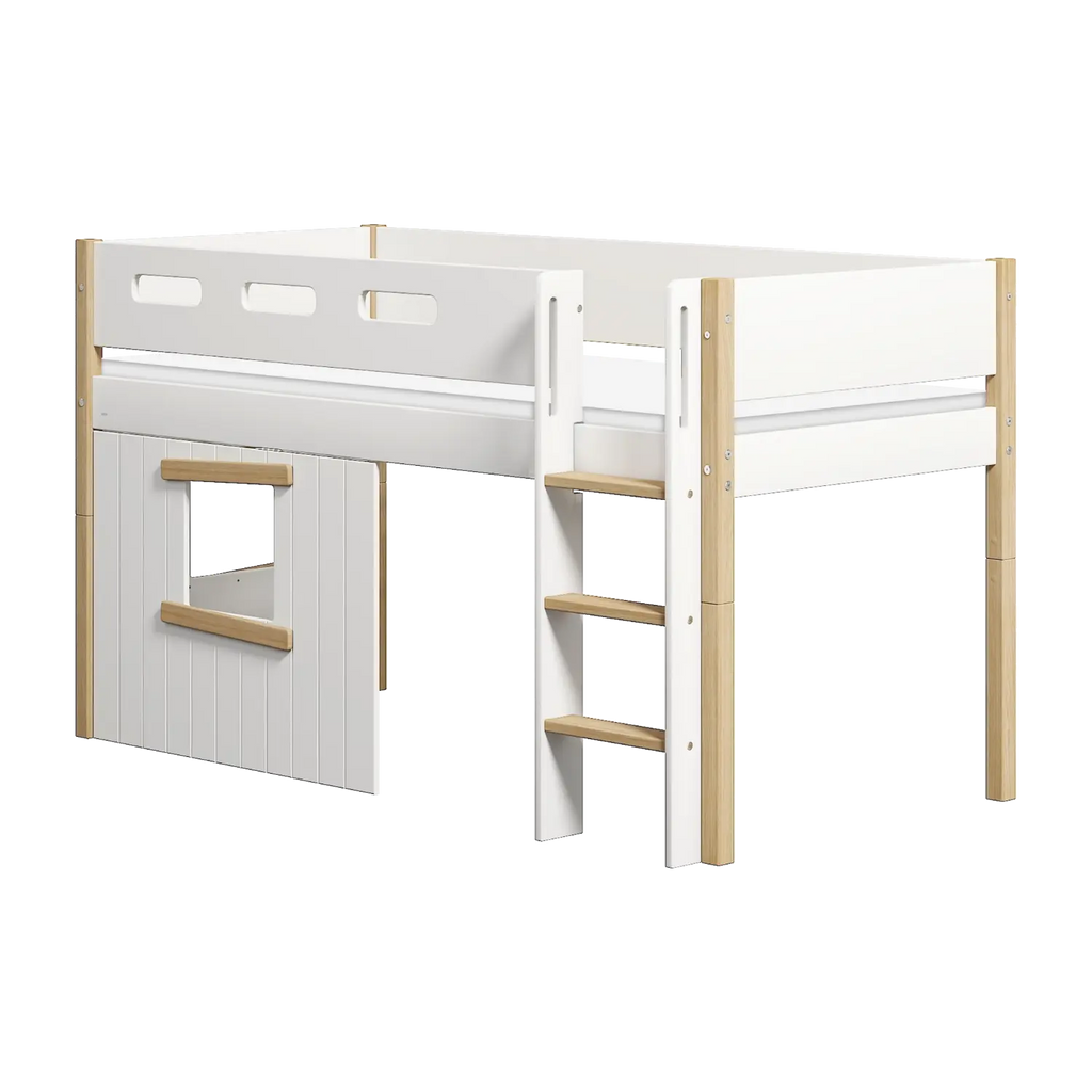 Lit mezzanine 120 cm avec cabane, échelle et barrière de sécurité, 90x200 cm, Blanc/Chêne
