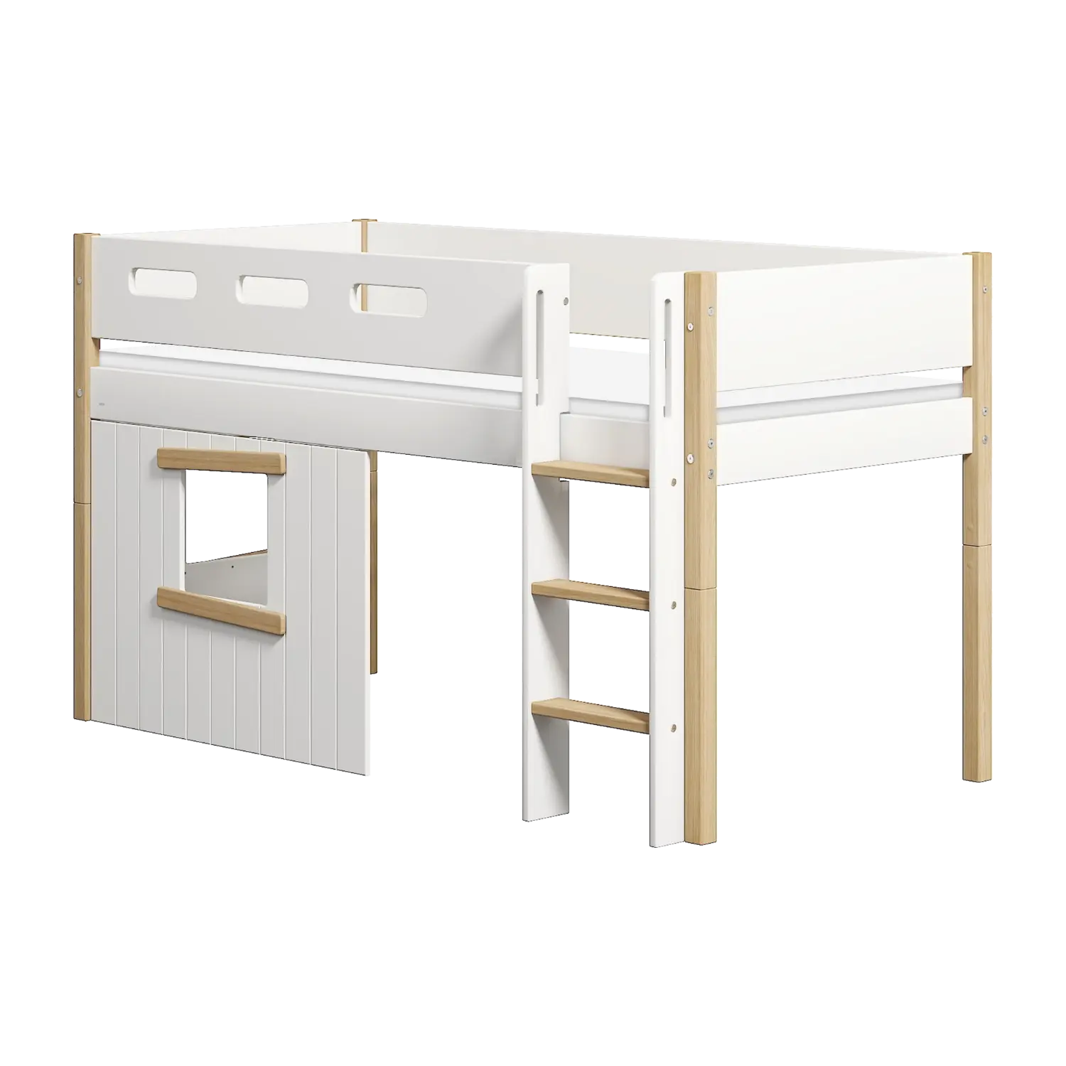 Lit mezzanine 120 cm avec cabane, échelle et barrière de sécurité, 90x200 cm, Blanc/Chêne