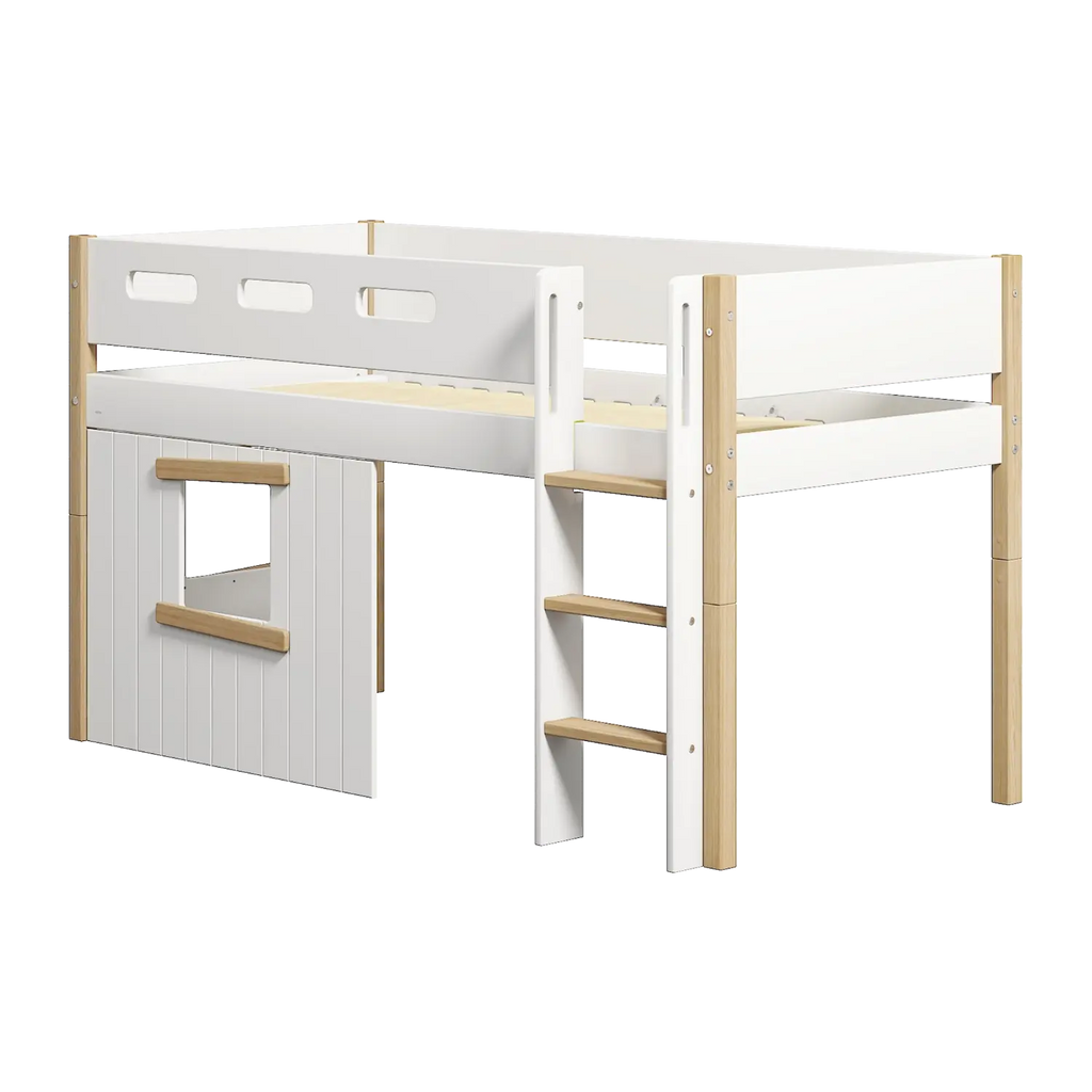 Lit mezzanine 120 cm avec cabane, échelle et barrière de sécurité, 90x200 cm, Blanc/Chêne