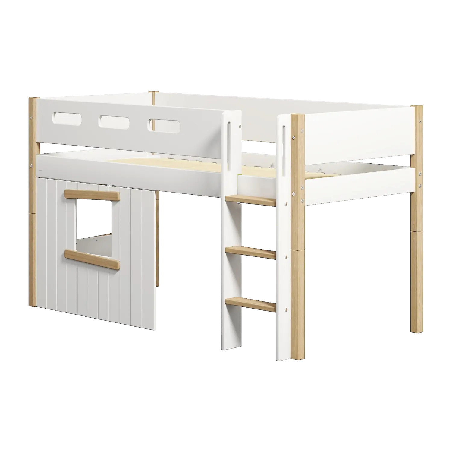 Lit mezzanine 120 cm avec cabane, échelle et barrière de sécurité, 90x200 cm, Blanc/Chêne