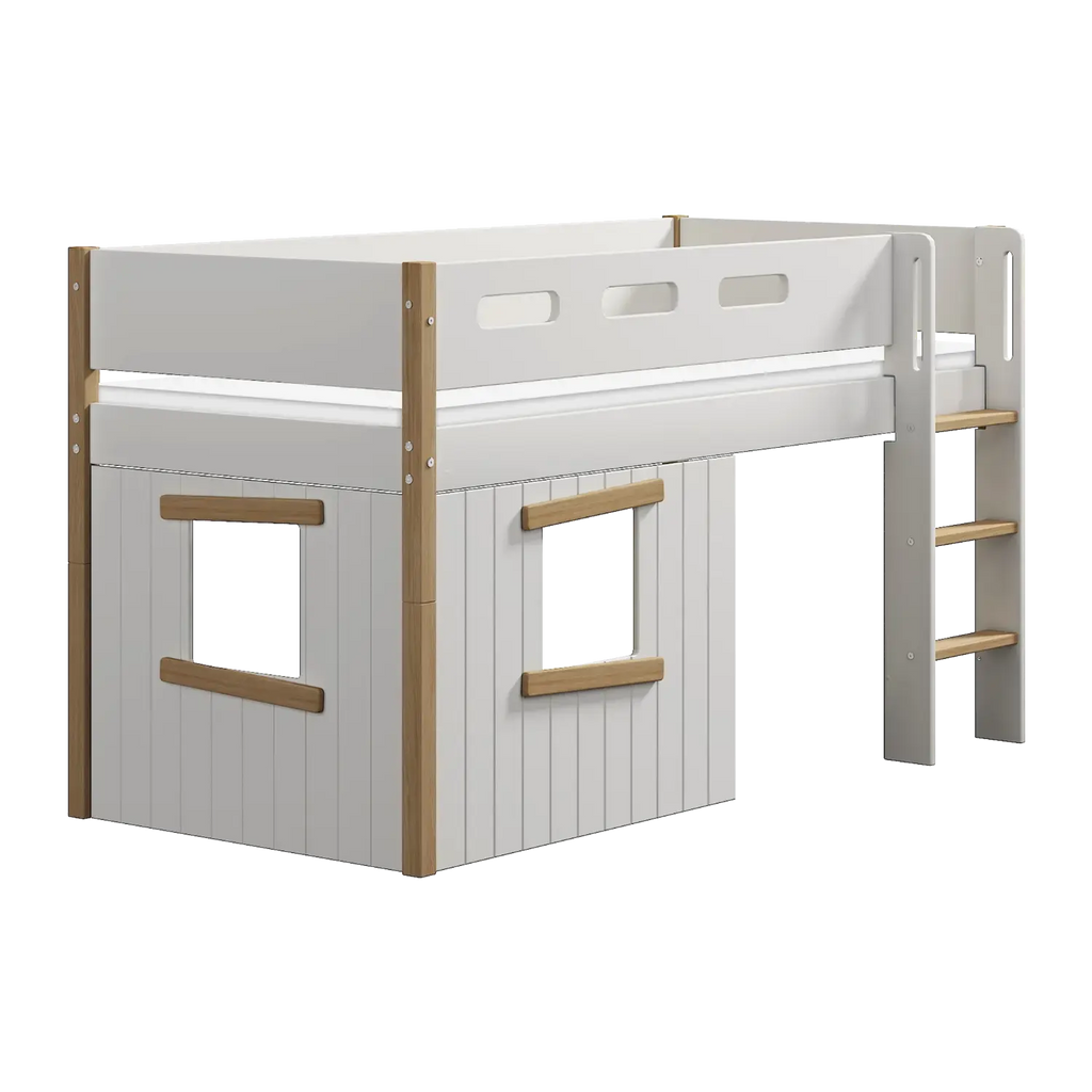 Lit mezzanine 120 cm avec cabane, échelle et barrière de sécurité, 90x200 cm, Blanc/Chêne