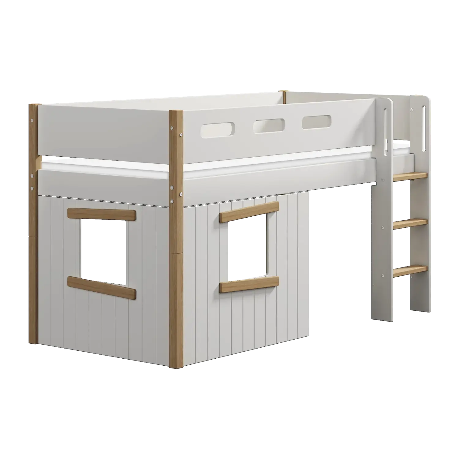 Lit mezzanine 120 cm avec cabane, échelle et barrière de sécurité, 90x200 cm, Blanc/Chêne