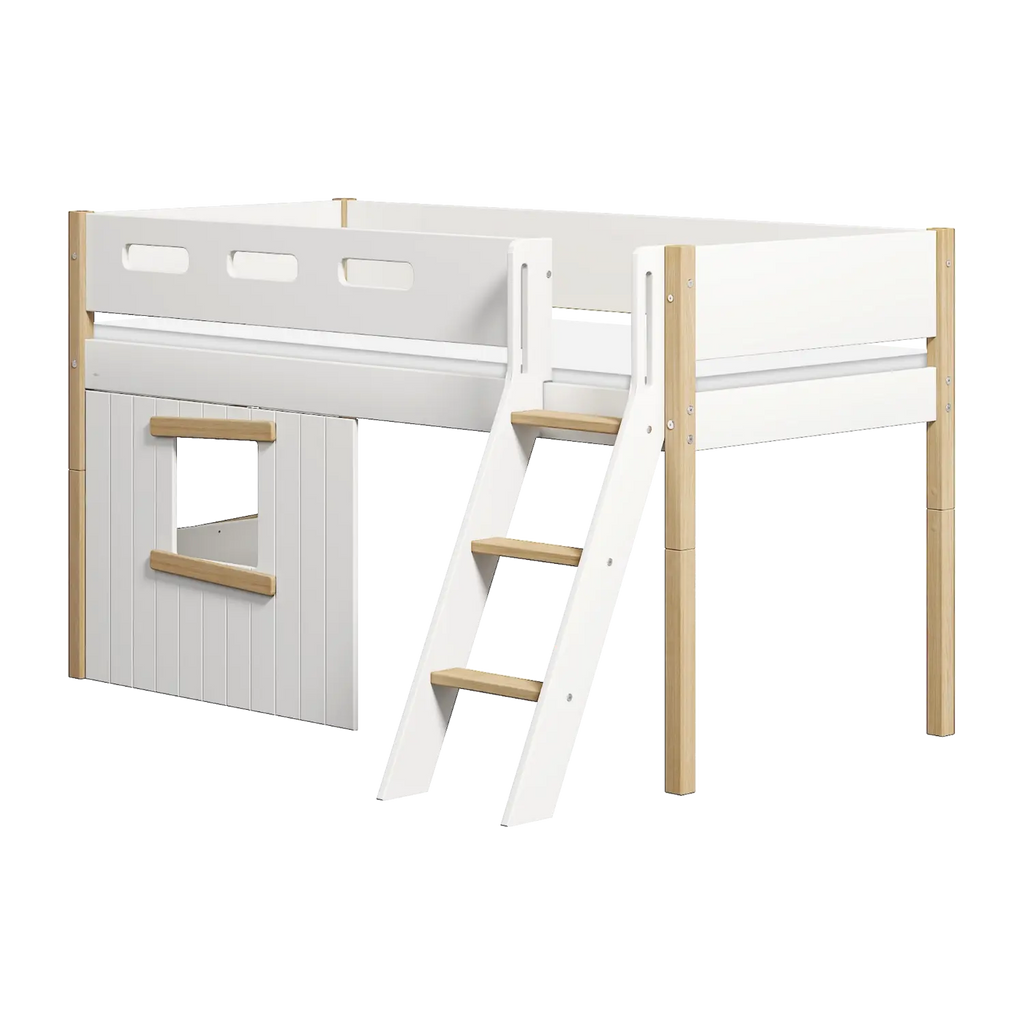 Lit mezzanine 120 cm avec cabane, échelle et barrière de sécurité, 90x200 cm, Blanc/Chêne