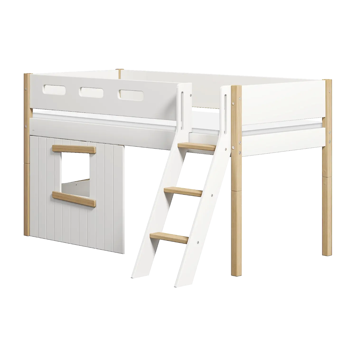 Lit mezzanine 120 cm avec cabane, échelle et barrière de sécurité, 90x200 cm, Blanc/Chêne