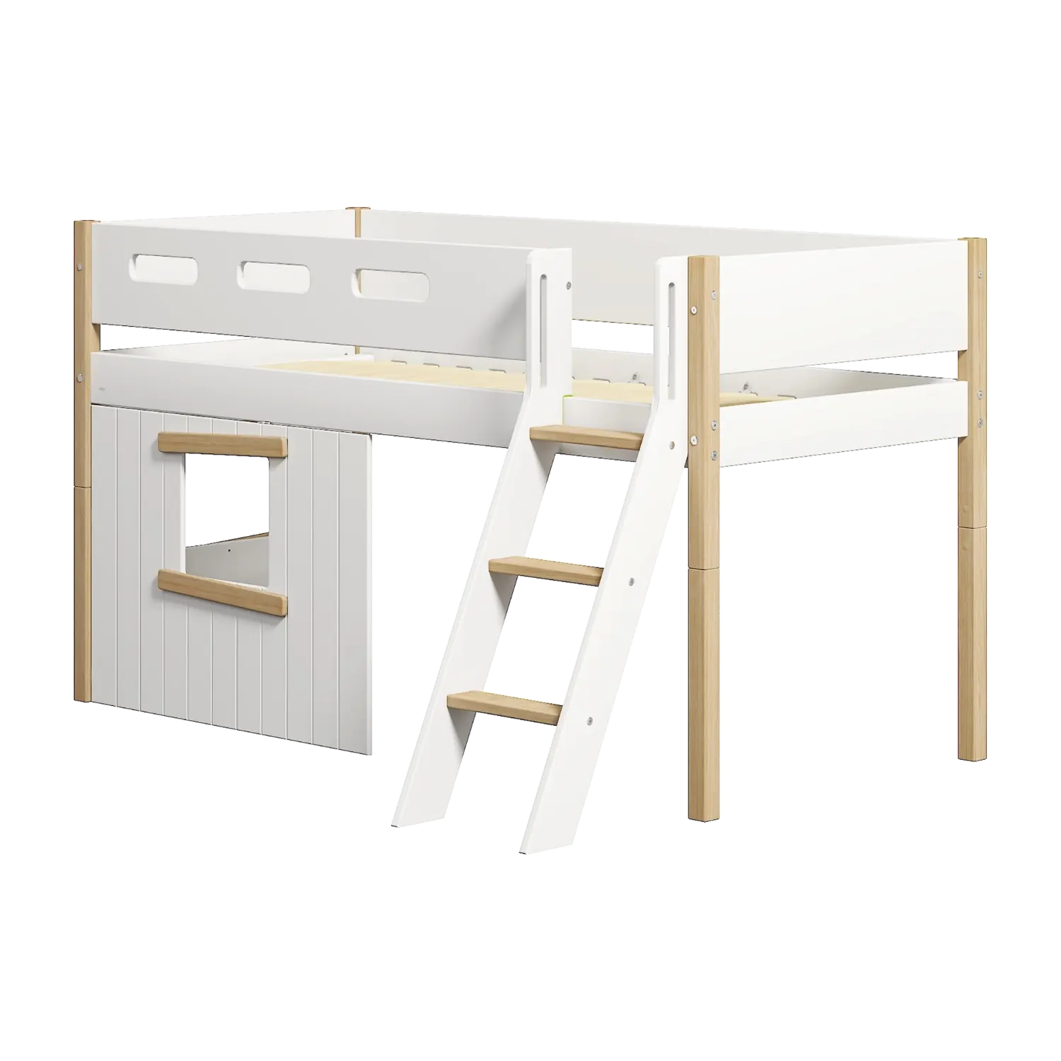 Lit mezzanine 120 cm avec cabane, échelle et barrière de sécurité, 90x200 cm, Blanc/Chêne