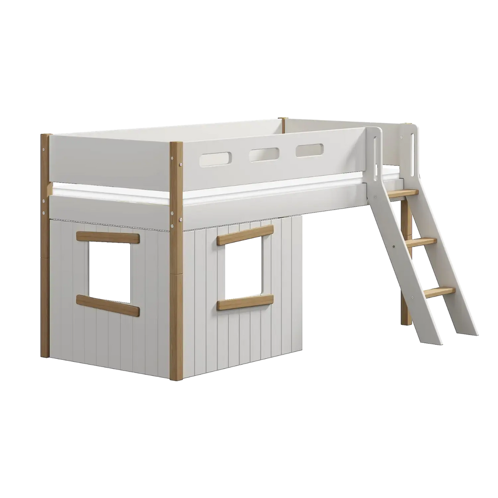 Lit mezzanine 120 cm avec cabane, échelle et barrière de sécurité, 90x200 cm, Blanc/Chêne