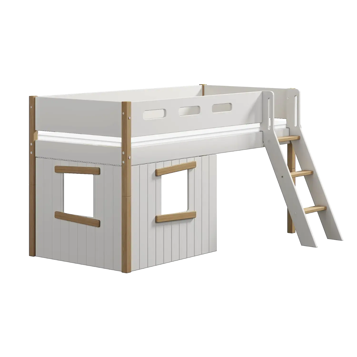 Lit mezzanine 120 cm avec cabane, échelle et barrière de sécurité, 90x200 cm, Blanc/Chêne