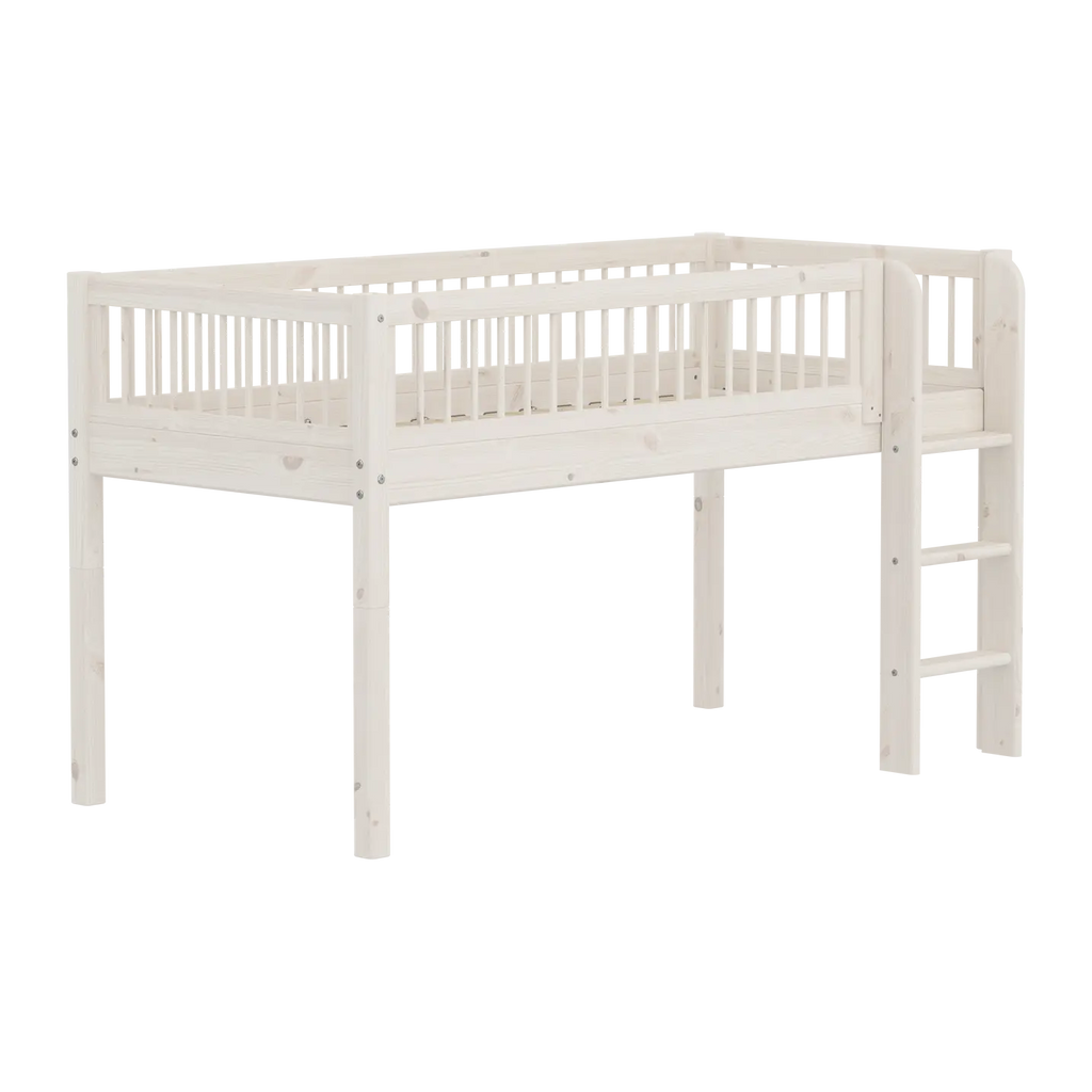 Lit mezzanine 120 cm avec barrière de sécurité et échelle, 90x200 cm, Blanc