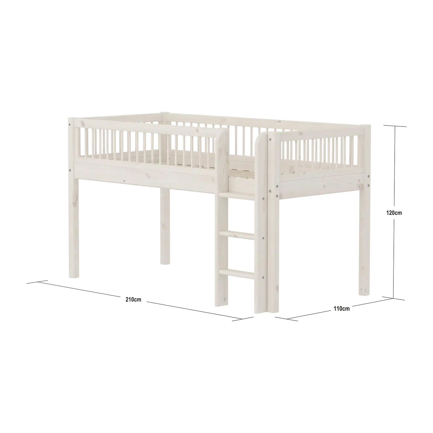Lit mezzanine 120 cm avec barrière de sécurité et échelle, 90x200 cm, Blanc