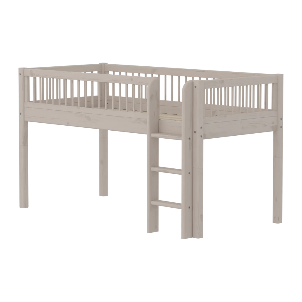 Lit surélevé 120 cm avec barrière de sécurité et échelle, 90x200 cm, gris