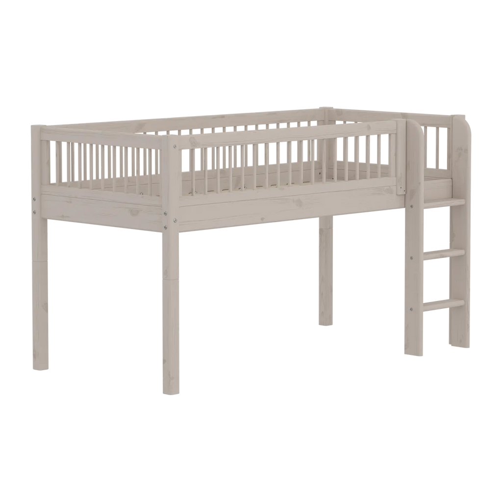 Lit surélevé 120 cm avec barrière de sécurité et échelle, 90x200 cm, gris