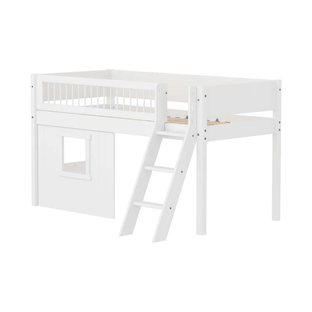 Lit surélevé 120 cm avec cabane, échelle et barrière de sécurité, 90x200, Blanc