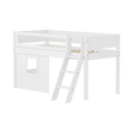 Lit surélevé 120 cm avec cabane, échelle et barrière de sécurité, 90x200, Blanc