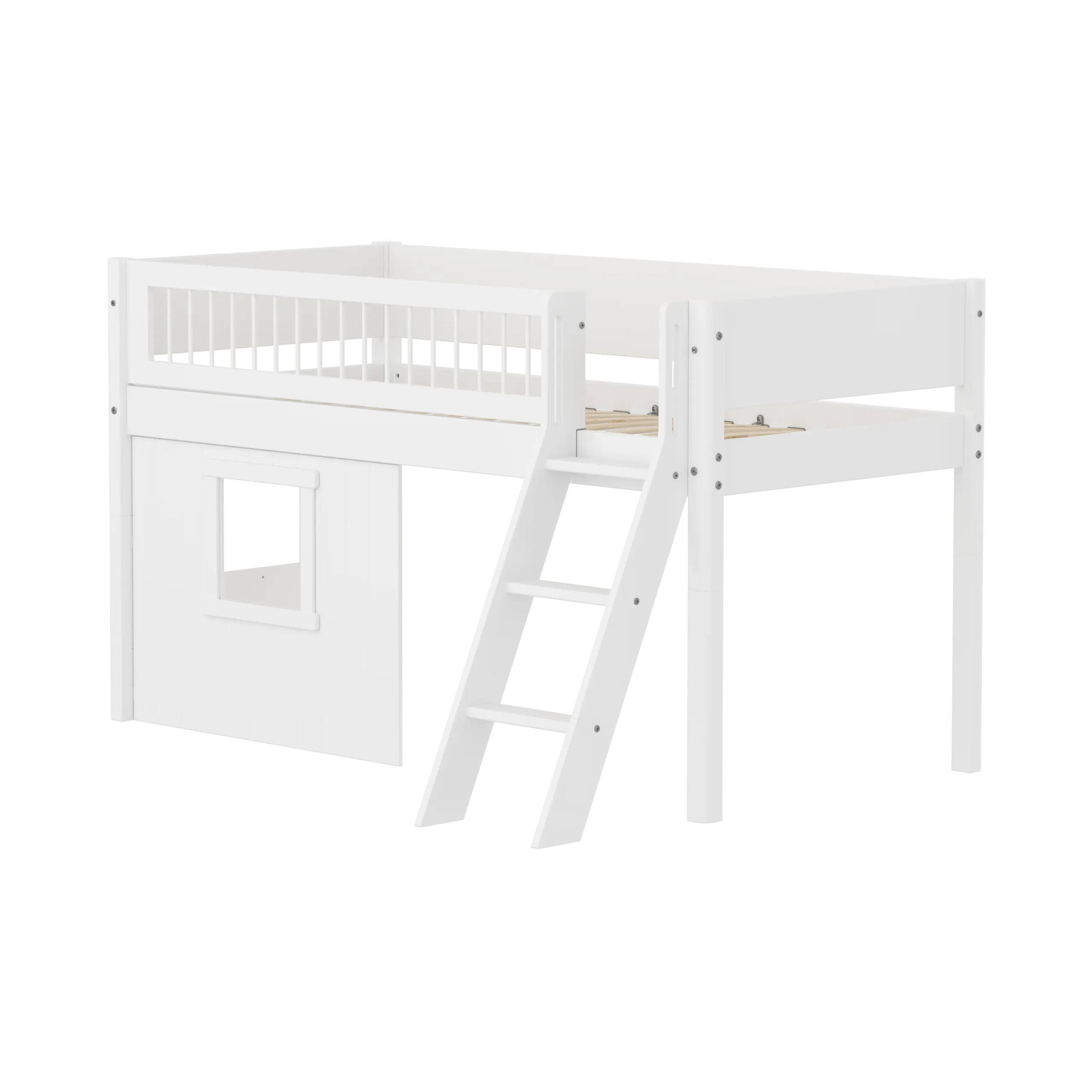 Lit surélevé 120 cm avec cabane, échelle et barrière de sécurité, 90x200, Blanc