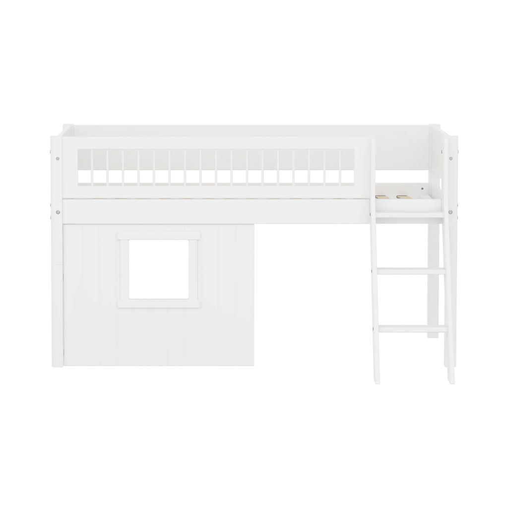 Lit surélevé 120 cm avec cabane, échelle et barrière de sécurité, 90x200, Blanc