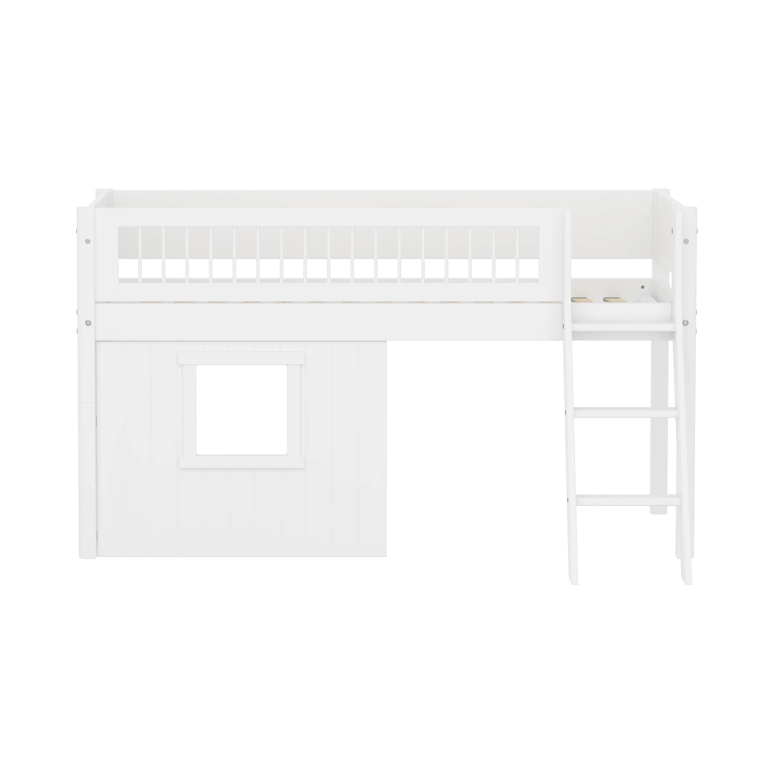 Lit surélevé 120 cm avec cabane, échelle et barrière de sécurité, 90x200, Blanc