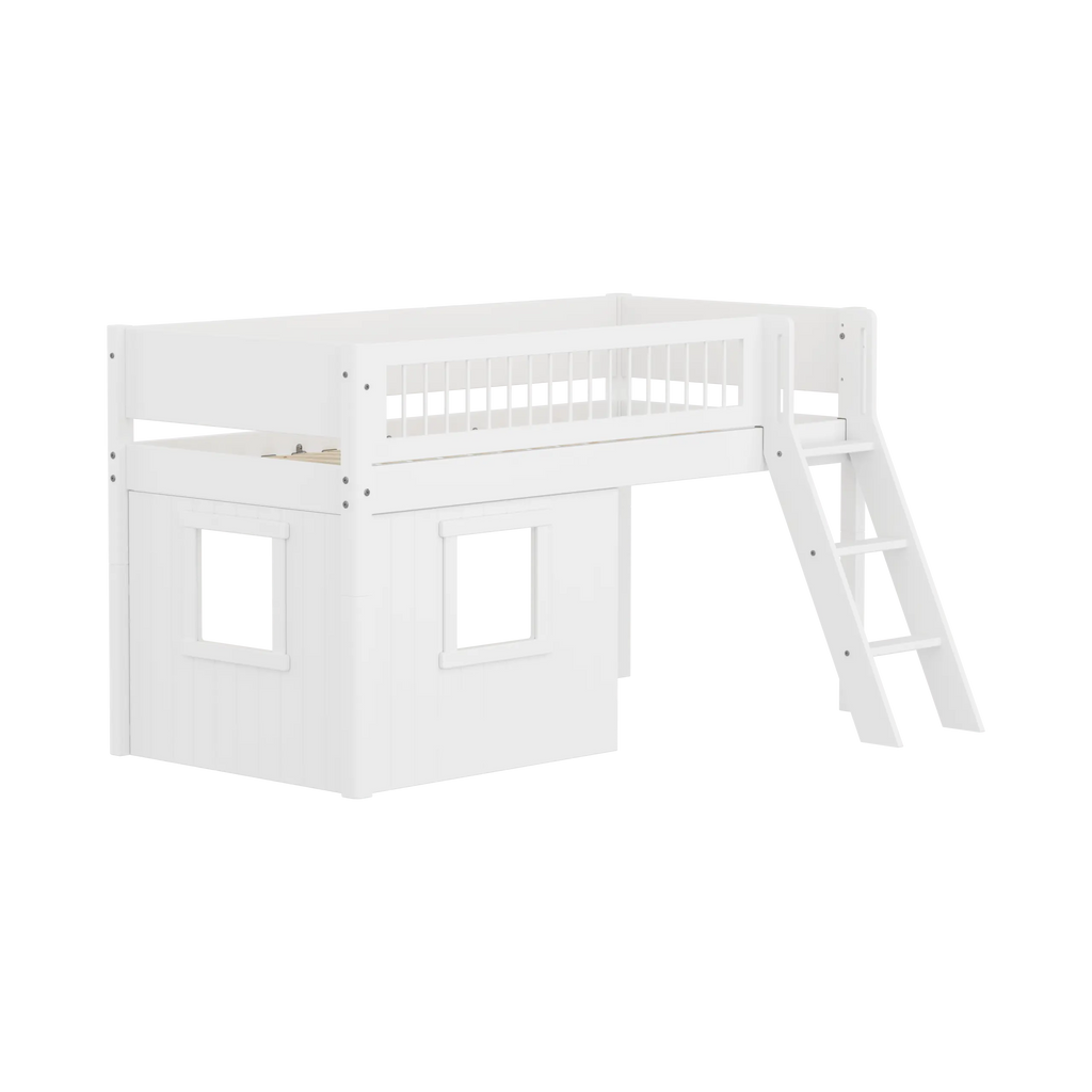 Lit surélevé 120 cm avec cabane, échelle et barrière de sécurité, 90x200, Blanc