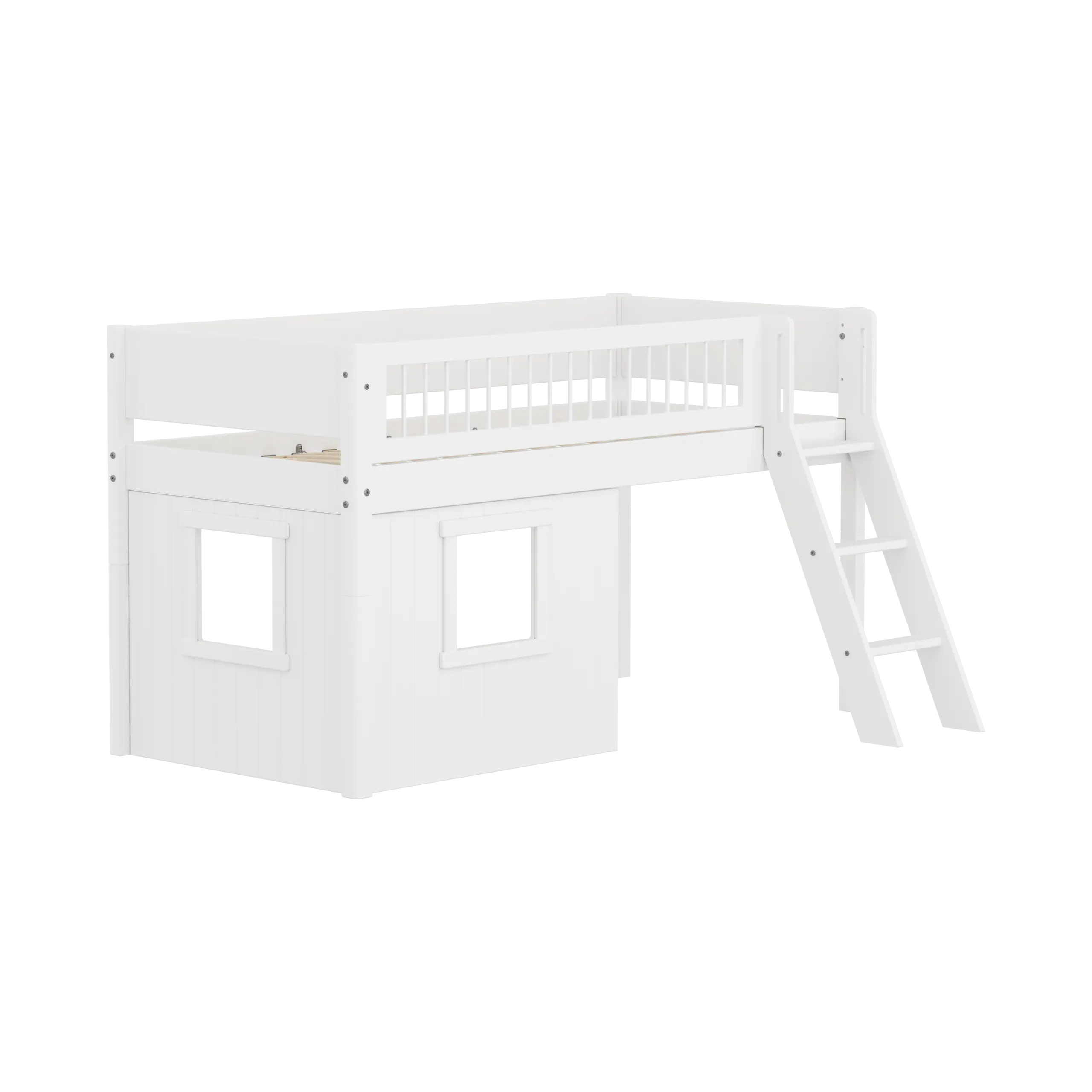 Lit surélevé 120 cm avec cabane, échelle et barrière de sécurité, 90x200, Blanc