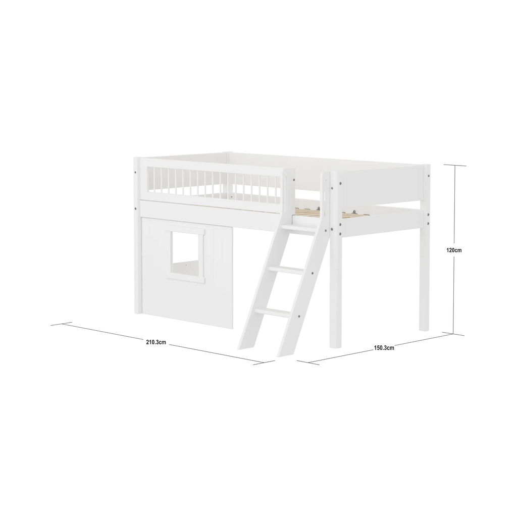 Lit surélevé 120 cm avec cabane, échelle et barrière de sécurité, 90x200, Blanc