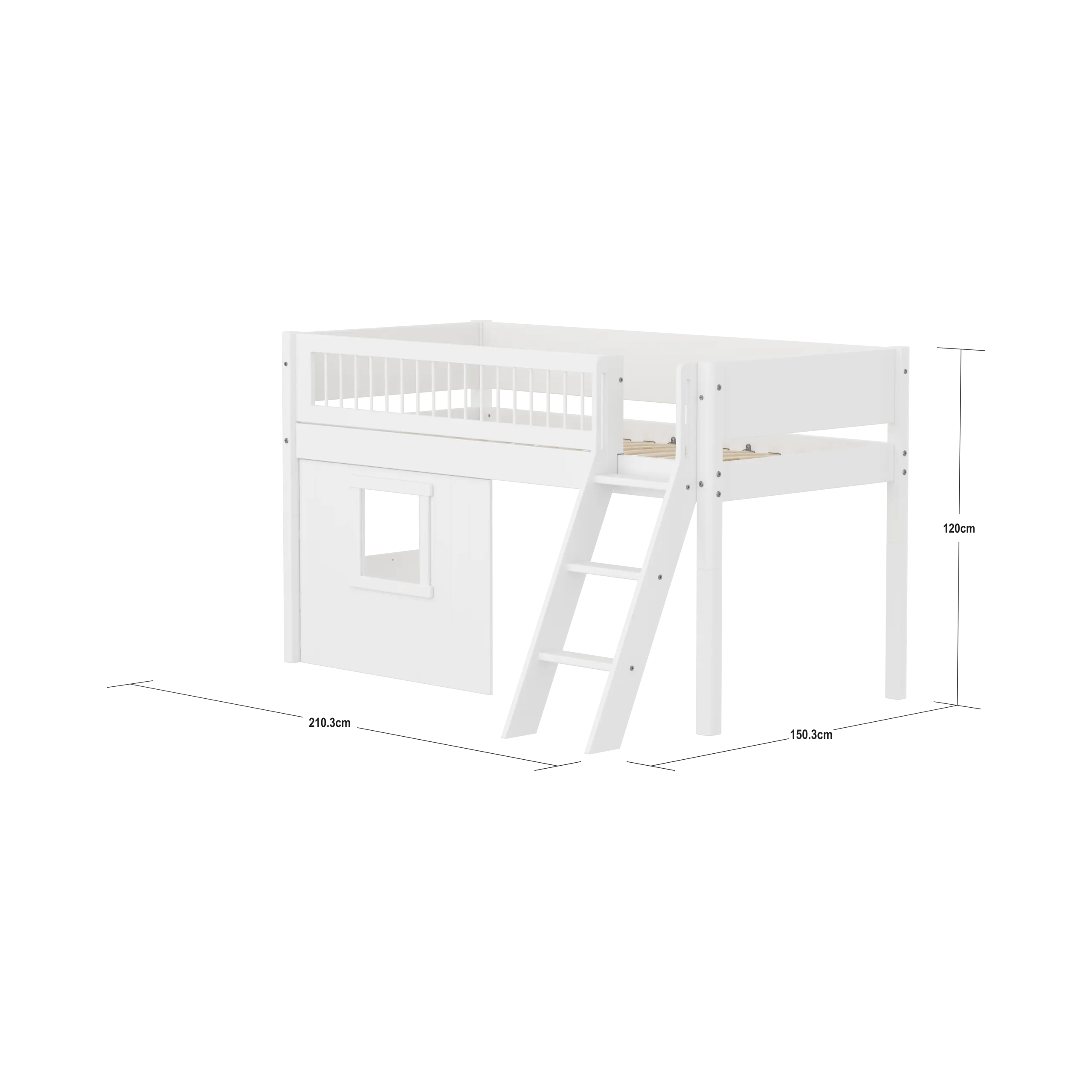 Lit surélevé 120 cm avec cabane, échelle et barrière de sécurité, 90x200, Blanc