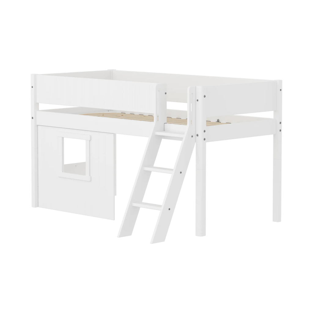 Lit mezzanine 120 cm avec cabane, échelle et barrière de sécurité, 90x200, Blanc