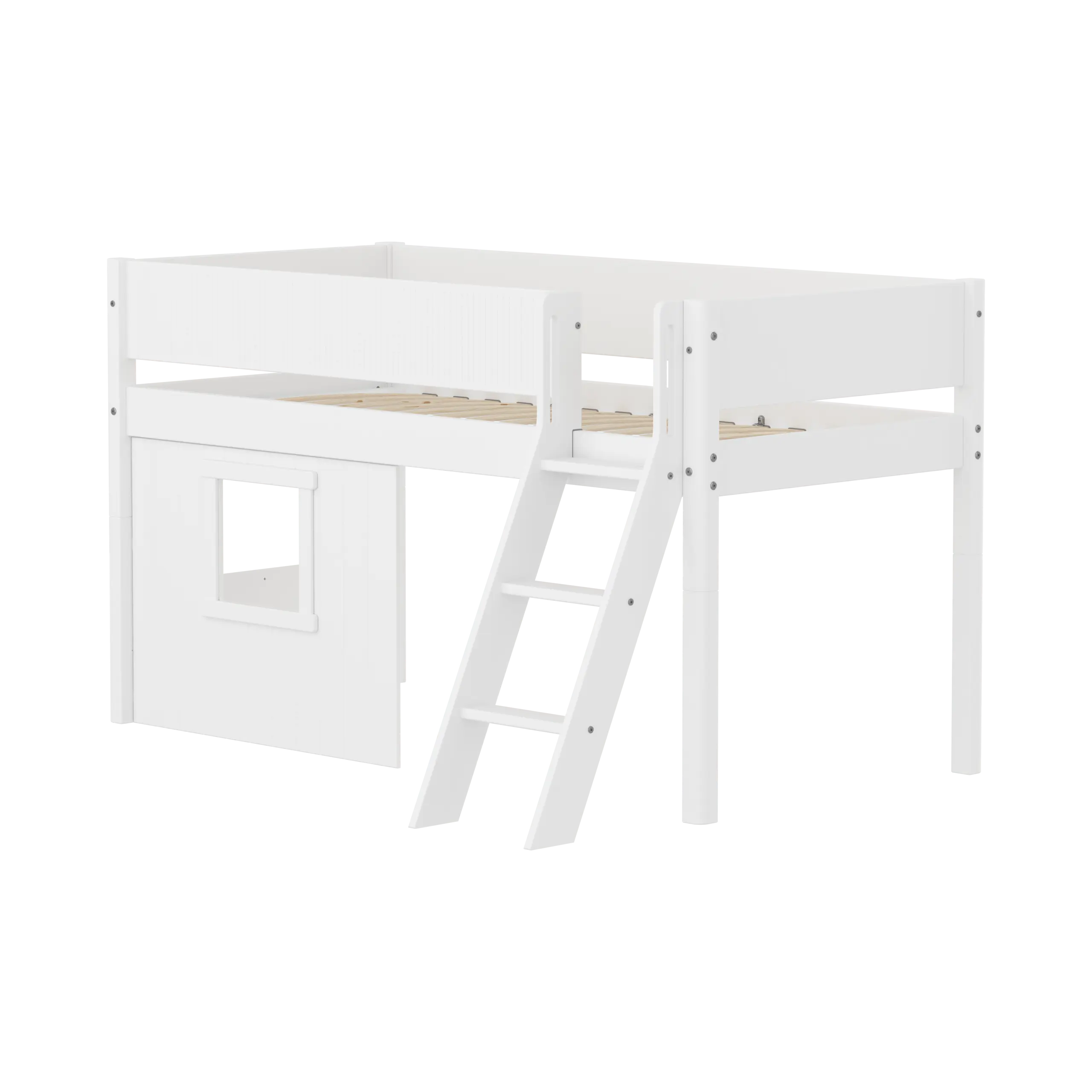 Lit mezzanine 120 cm avec cabane, échelle et barrière de sécurité, 90x200, Blanc