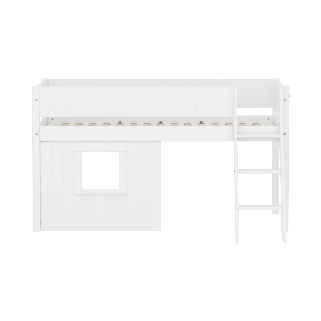 Lit mezzanine 120 cm avec cabane, échelle et barrière de sécurité, 90x200, Blanc