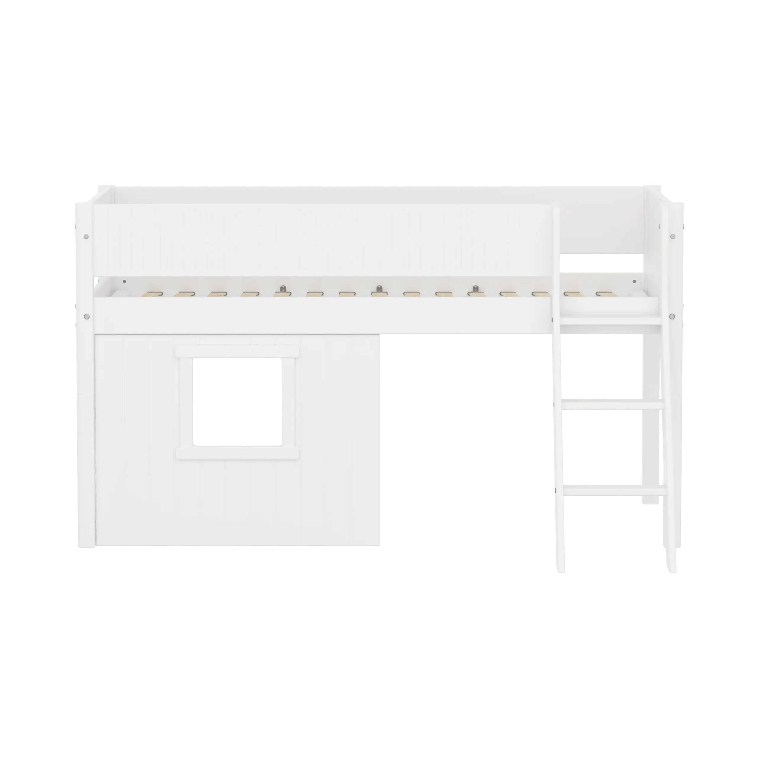 Lit mezzanine 120 cm avec cabane, échelle et barrière de sécurité, 90x200, Blanc