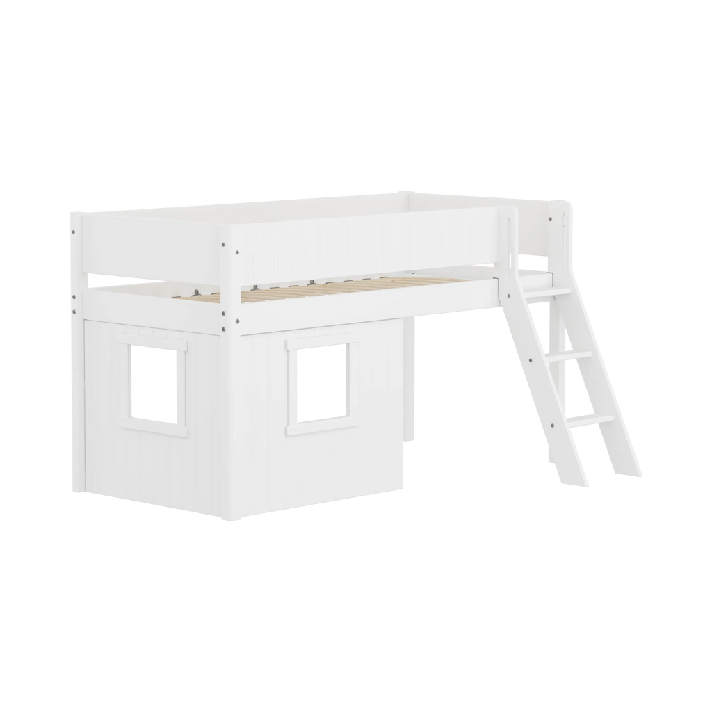 Lit mezzanine 120 cm avec cabane, échelle et barrière de sécurité, 90x200, Blanc