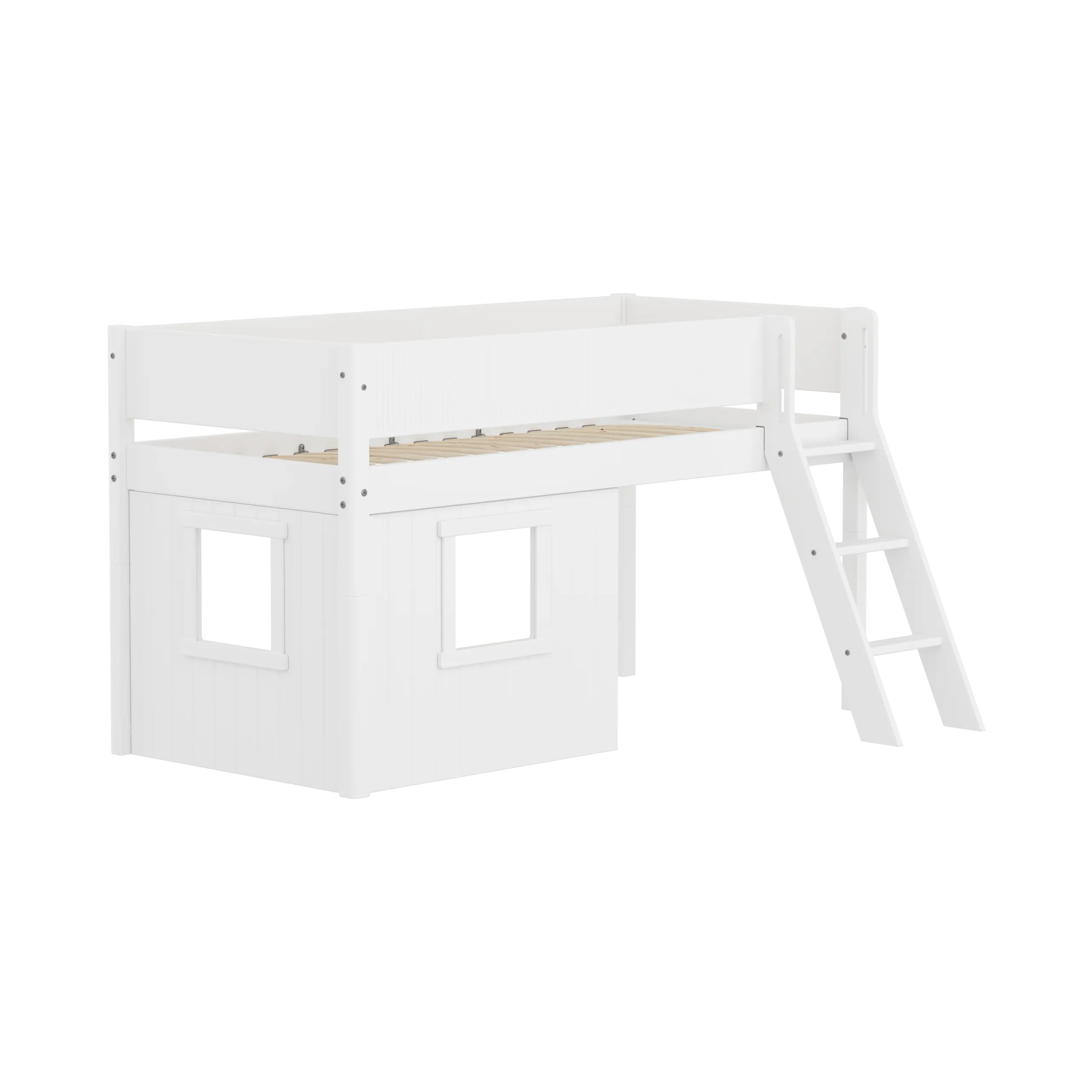 Lit mezzanine 120 cm avec cabane, échelle et barrière de sécurité, 90x200, Blanc