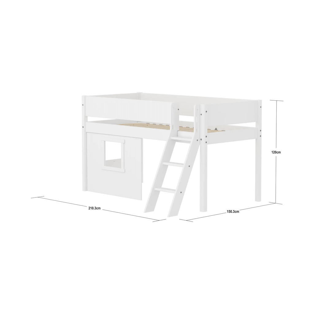 Lit mezzanine 120 cm avec cabane, échelle et barrière de sécurité, 90x200, Blanc
