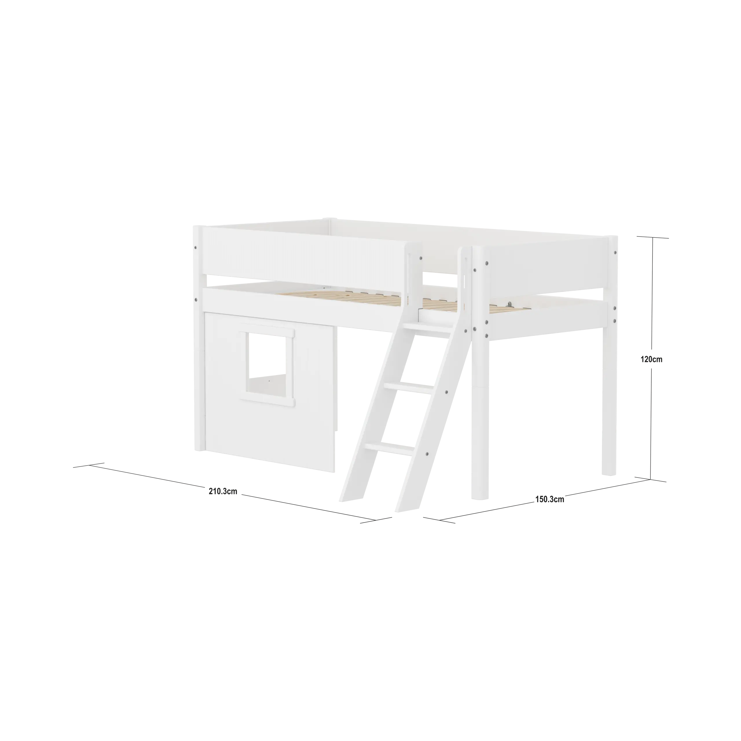 Lit mezzanine 120 cm avec cabane, échelle et barrière de sécurité, 90x200, Blanc
