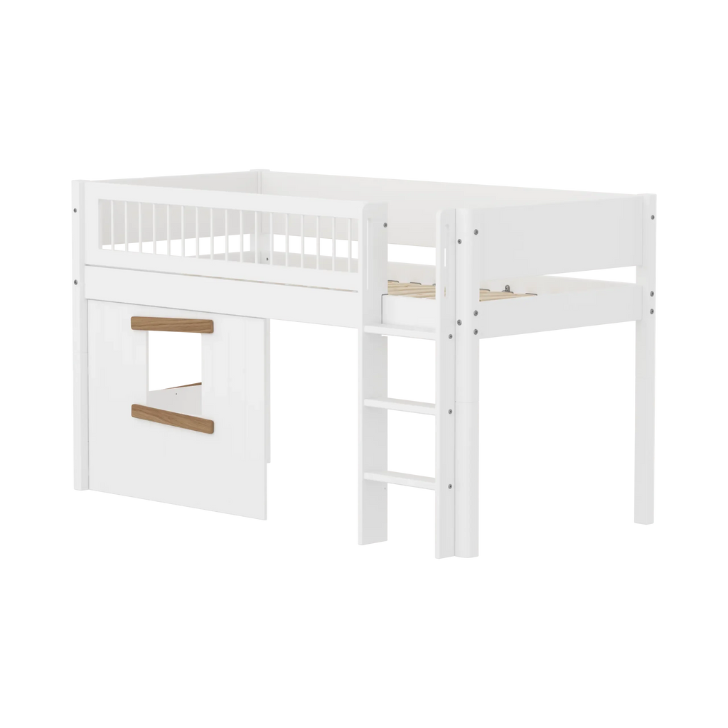 Lit surélevé 120 cm avec cabane, échelle et barrière de sécurité, 90x200 cm, Blanc