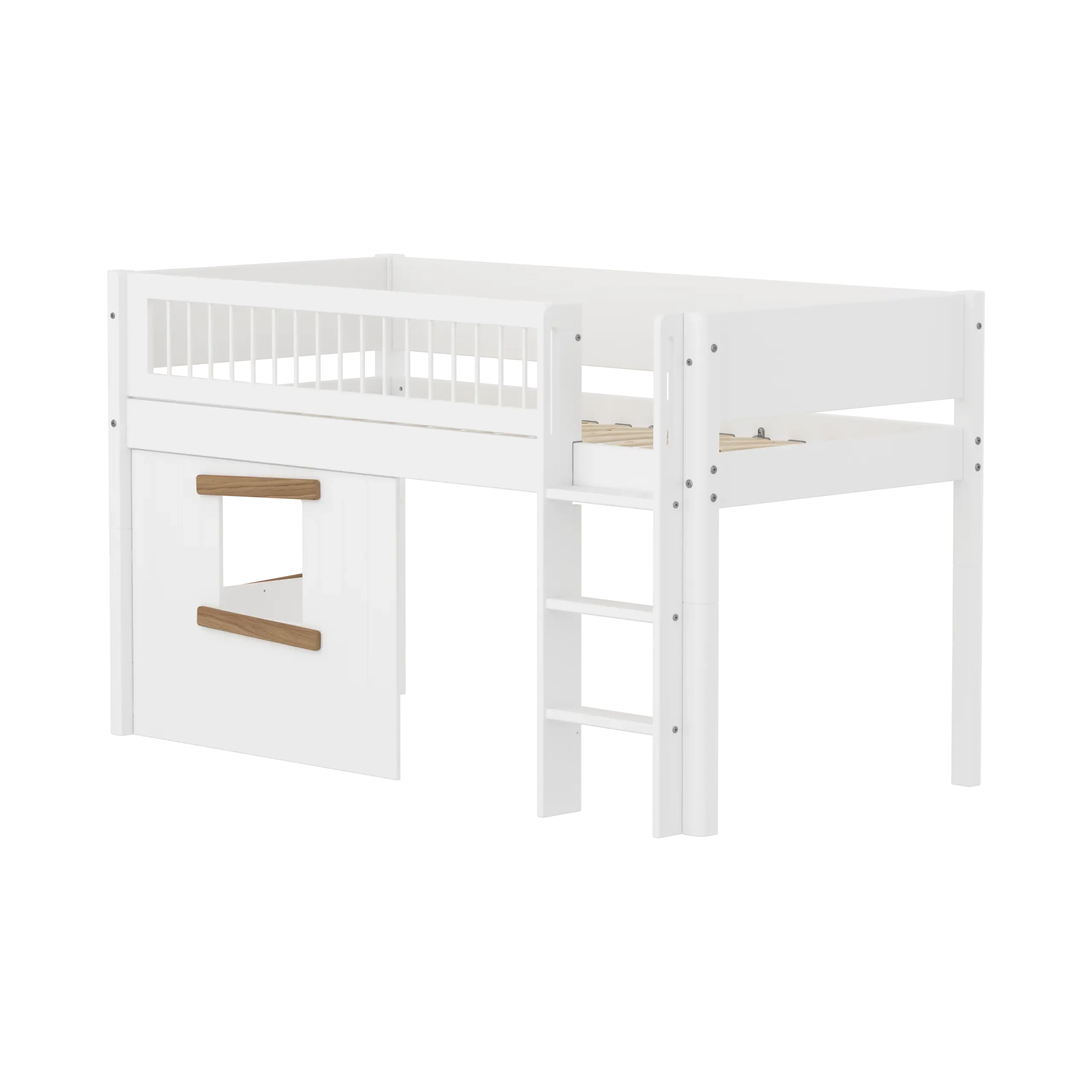 Lit surélevé 120 cm avec cabane, échelle et barrière de sécurité, 90x200 cm, Blanc