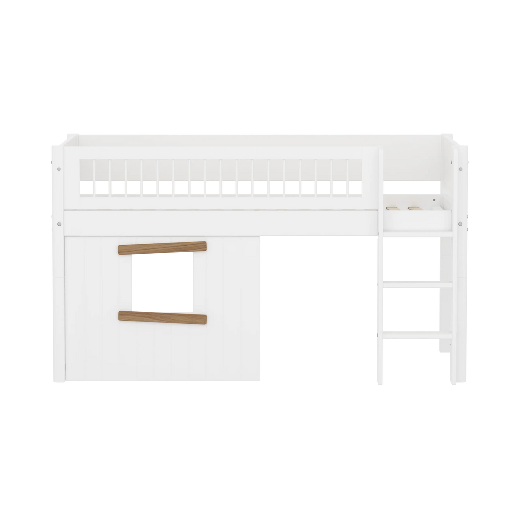 Lit surélevé 120 cm avec cabane, échelle et barrière de sécurité, 90x200 cm, Blanc