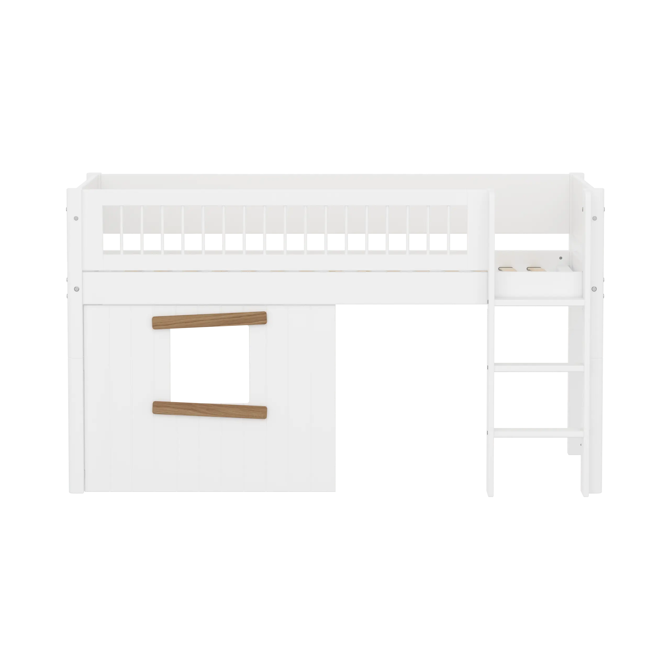 Lit surélevé 120 cm avec cabane, échelle et barrière de sécurité, 90x200 cm, Blanc
