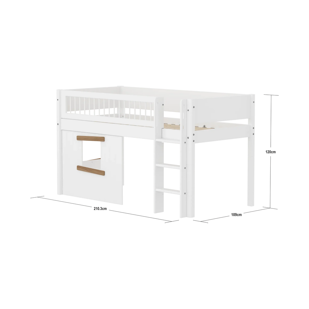 Lit surélevé 120 cm avec cabane, échelle et barrière de sécurité, 90x200 cm, Blanc