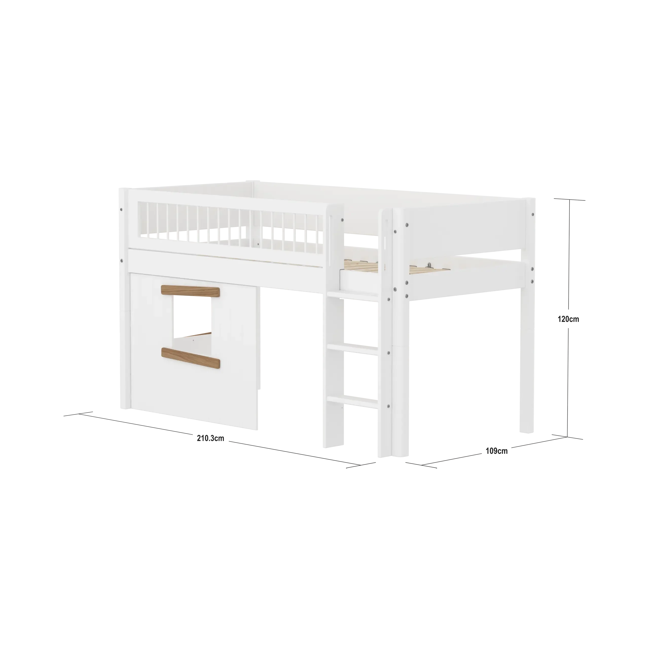 Lit surélevé 120 cm avec cabane, échelle et barrière de sécurité, 90x200 cm, Blanc