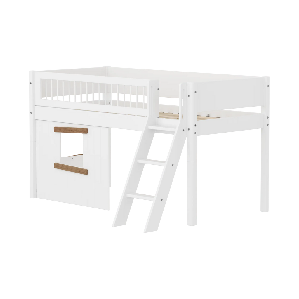 Lit haut 120 cm avec cabane, échelle et barrière de sécurité, 90x200, Blanc/Chêne