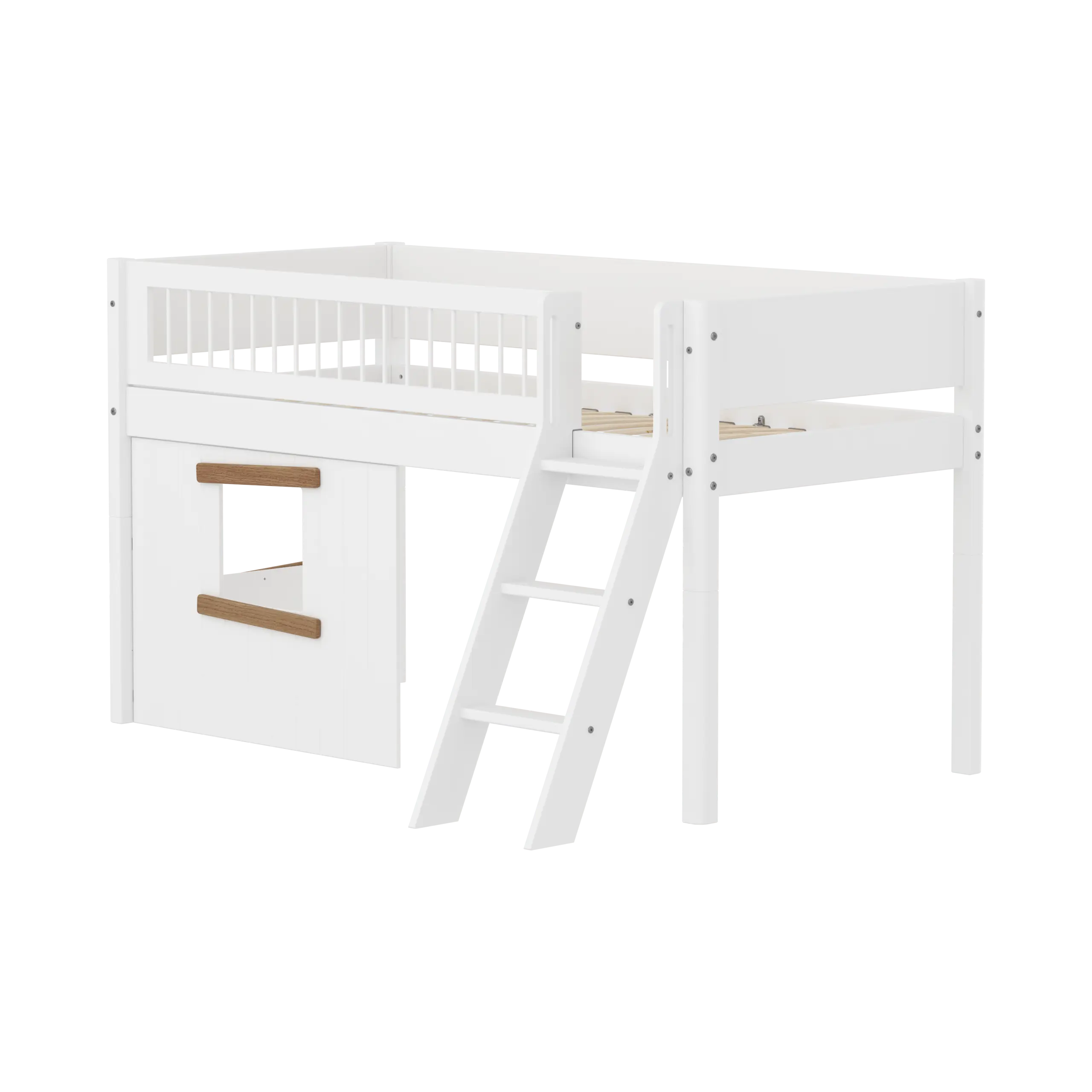 Lit haut 120 cm avec cabane, échelle et barrière de sécurité, 90x200, Blanc/Chêne