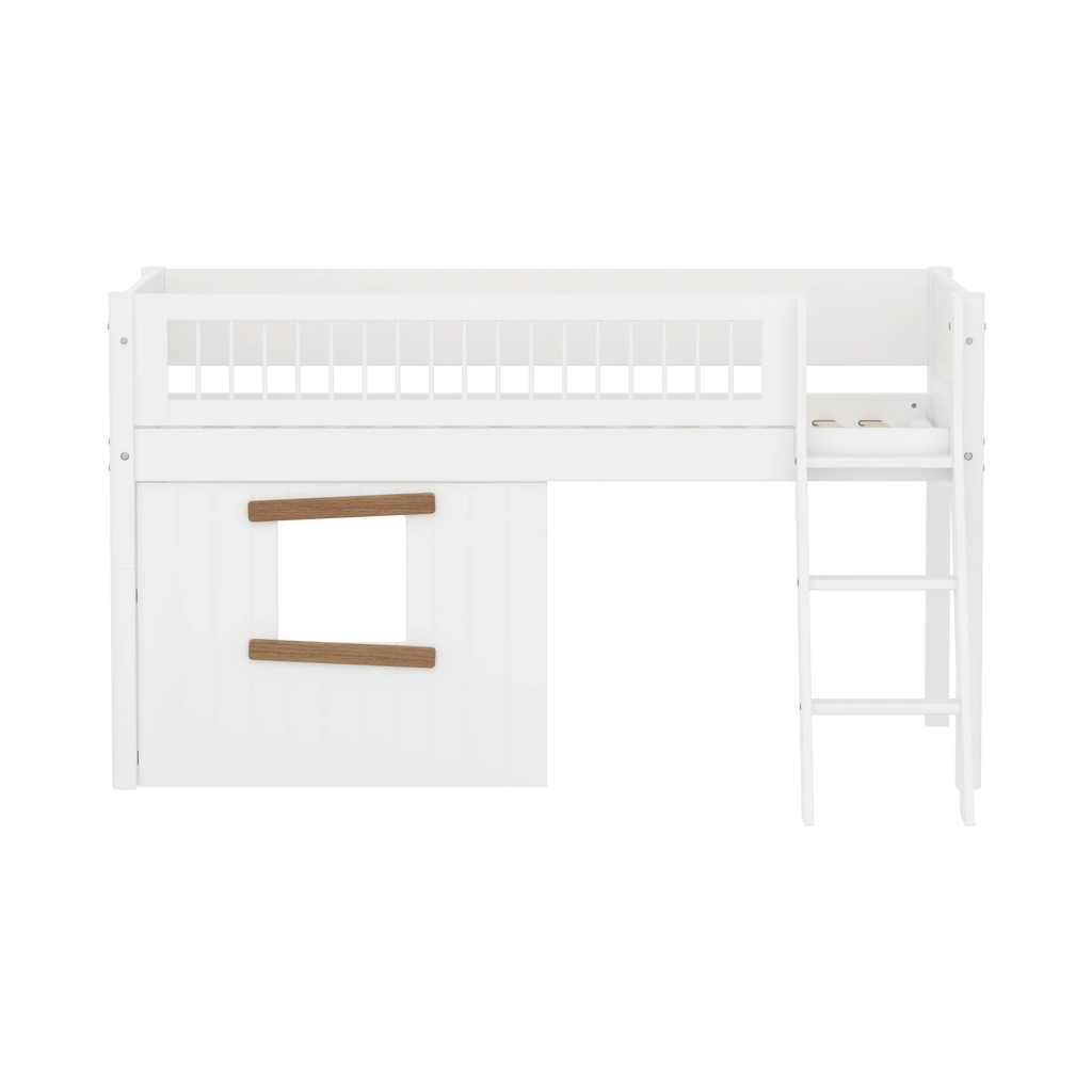Lit haut 120 cm avec cabane, échelle et barrière de sécurité, 90x200, Blanc/Chêne