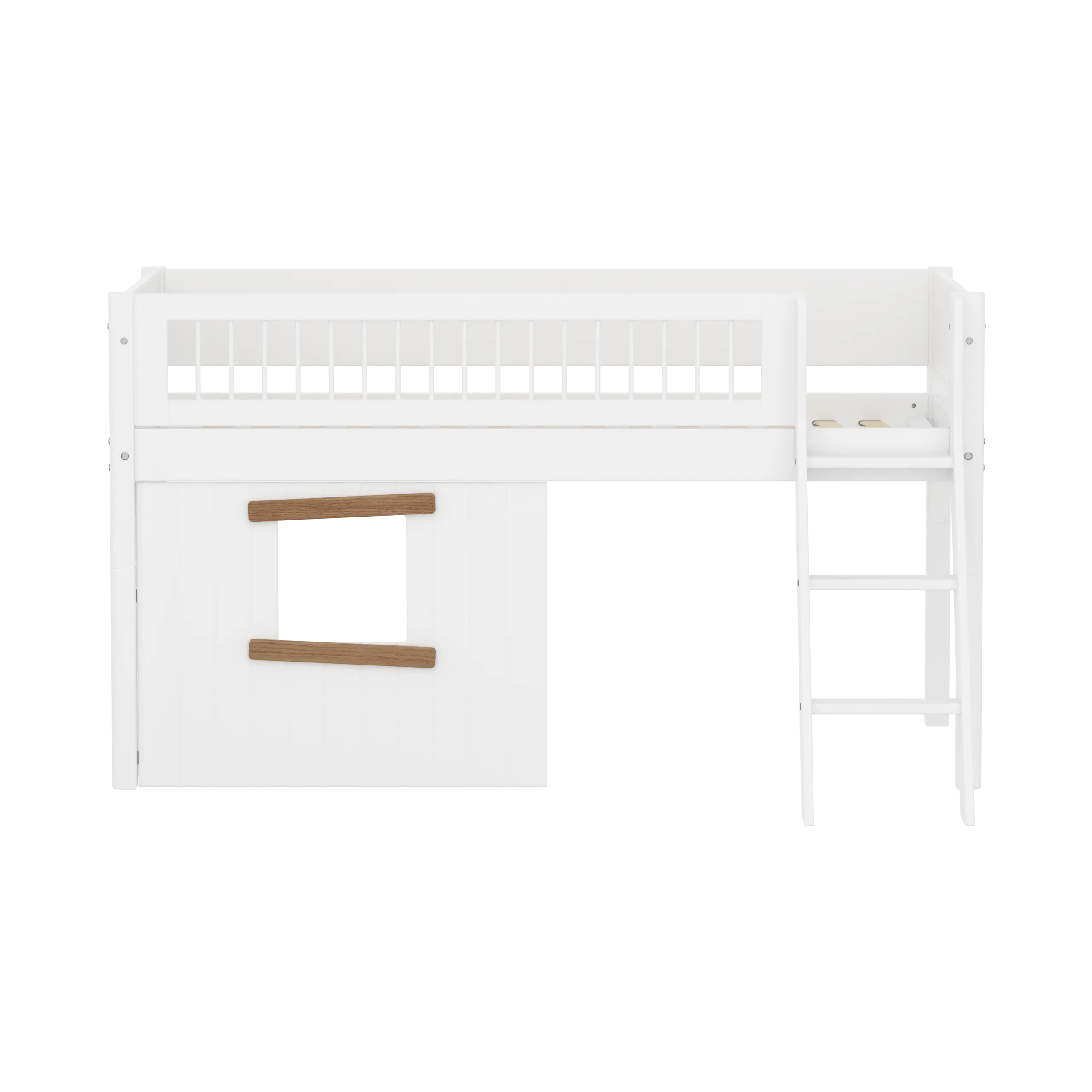 Lit haut 120 cm avec cabane, échelle et barrière de sécurité, 90x200, Blanc/Chêne
