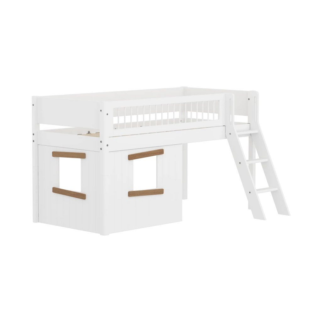 Lit haut 120 cm avec cabane, échelle et barrière de sécurité, 90x200, Blanc/Chêne