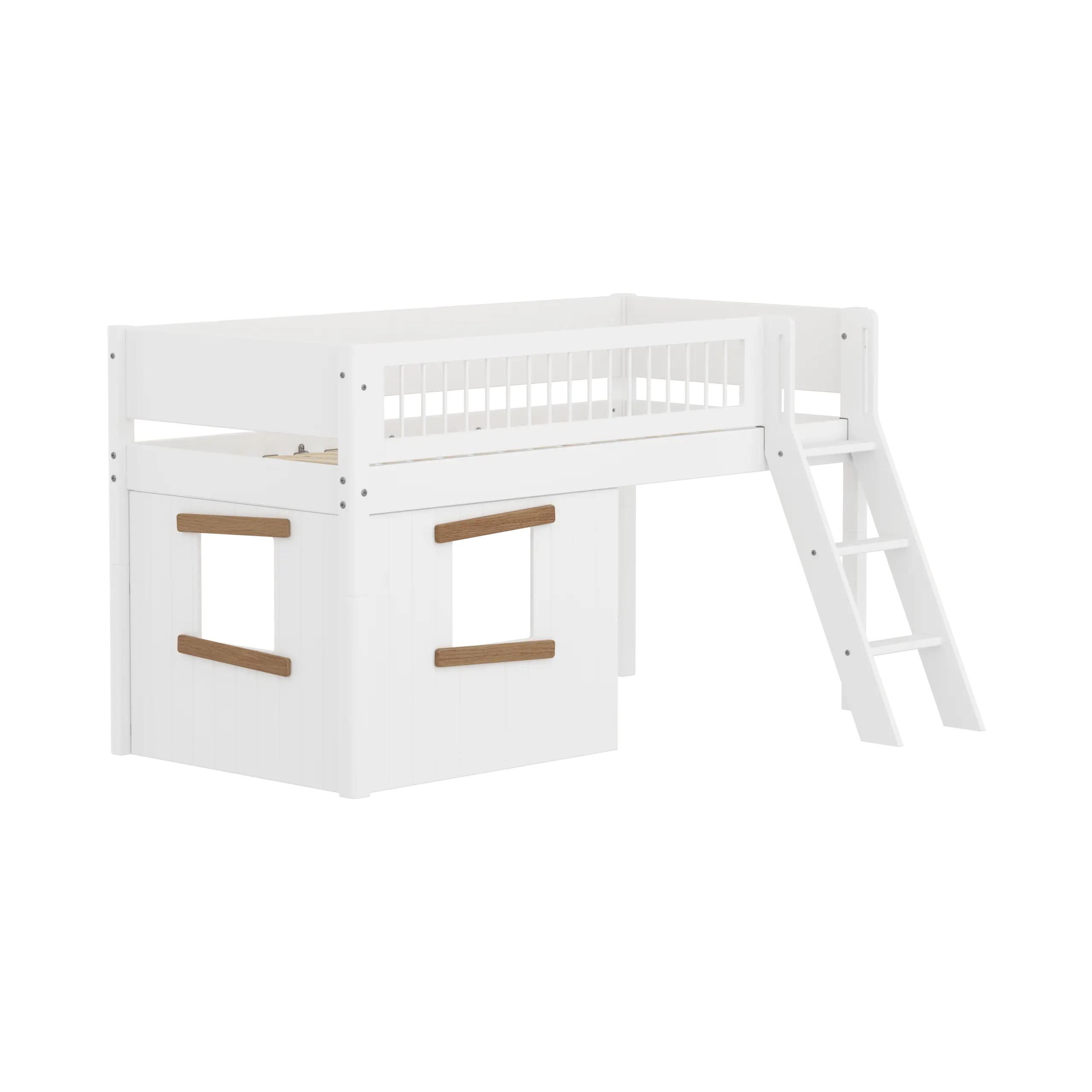 Lit haut 120 cm avec cabane, échelle et barrière de sécurité, 90x200, Blanc/Chêne