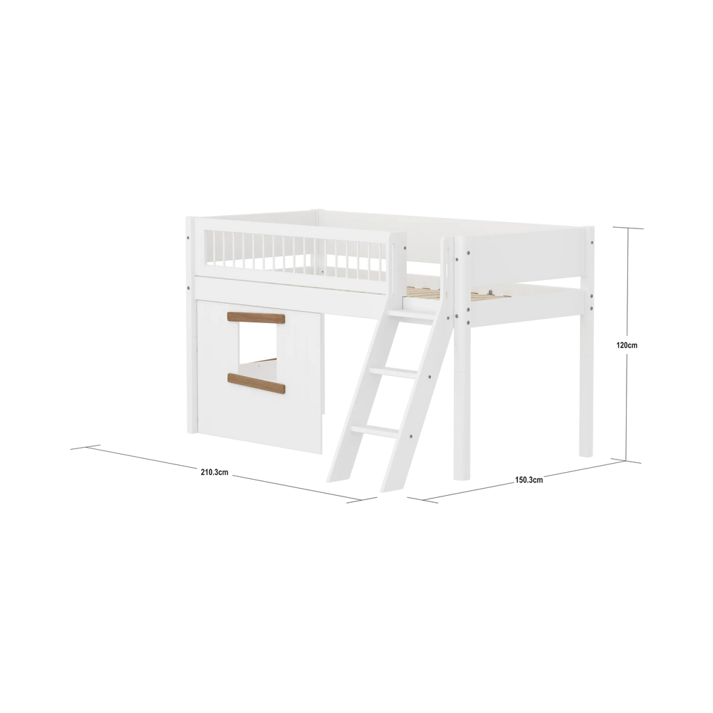 Lit haut 120 cm avec cabane, échelle et barrière de sécurité, 90x200, Blanc/Chêne