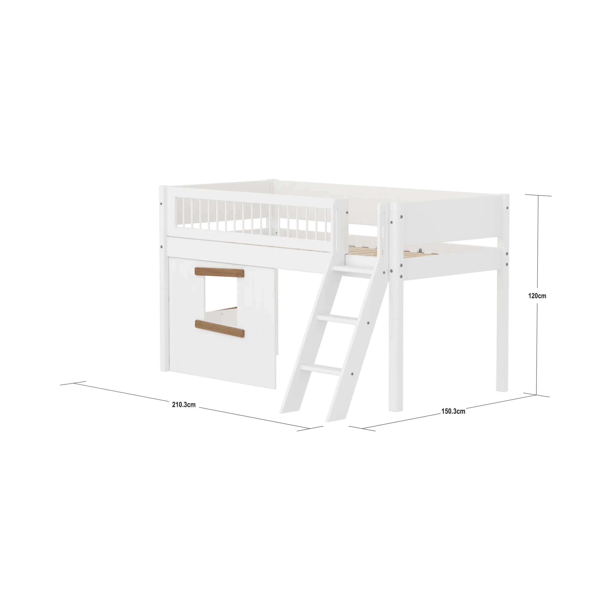 Lit haut 120 cm avec cabane, échelle et barrière de sécurité, 90x200, Blanc/Chêne