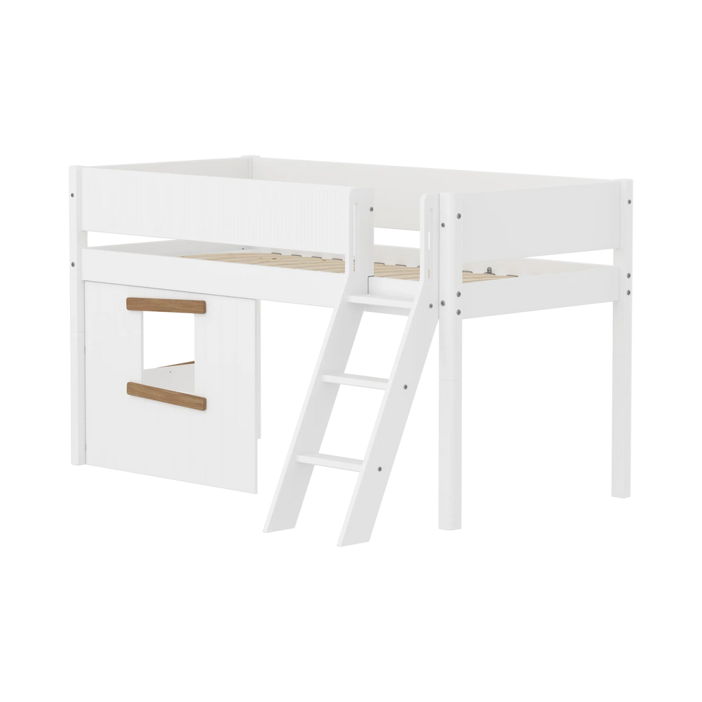 Lit surélevé 120 cm avec cabane, échelle et barrière de sécurité, 90x200, Blanc/Chêne