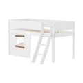 Lit surélevé 120 cm avec cabane, échelle et barrière de sécurité, 90x200, Blanc/Chêne